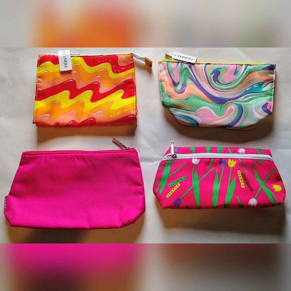 Clinique Small Cosmetic Pouches Lot Pink Floral Swirl and Wave Designs